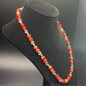 Vintage coral bead necklace with crystal spacers 18” silver-tone cone clasp